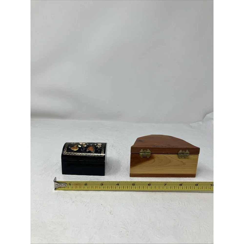 2 Wood Treasure Trinket Box Hinged Lid (Hand Painted Floral Black & Brown Cedar)